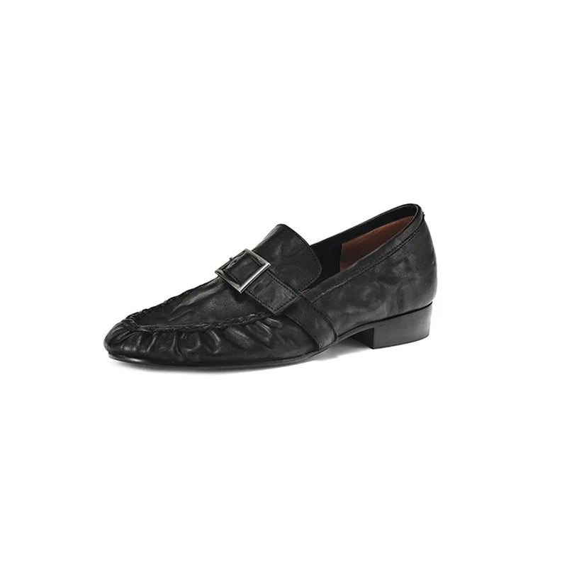 New Autumn Genuine Leather Women Pumps Fashion Pleated Round Toe Shoes for Women Thick Heel Women Loafers Zapatos Mujer Low Heel