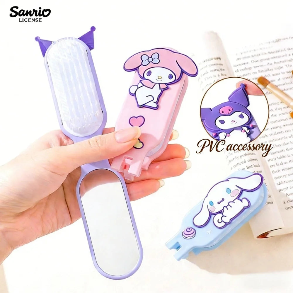 Sanrio Foldable Hair Comb with Mirror Genuine Kawaii Hello Kitty Kuromi My Melody Cinnamoroll Portable Styling Tool for Girls