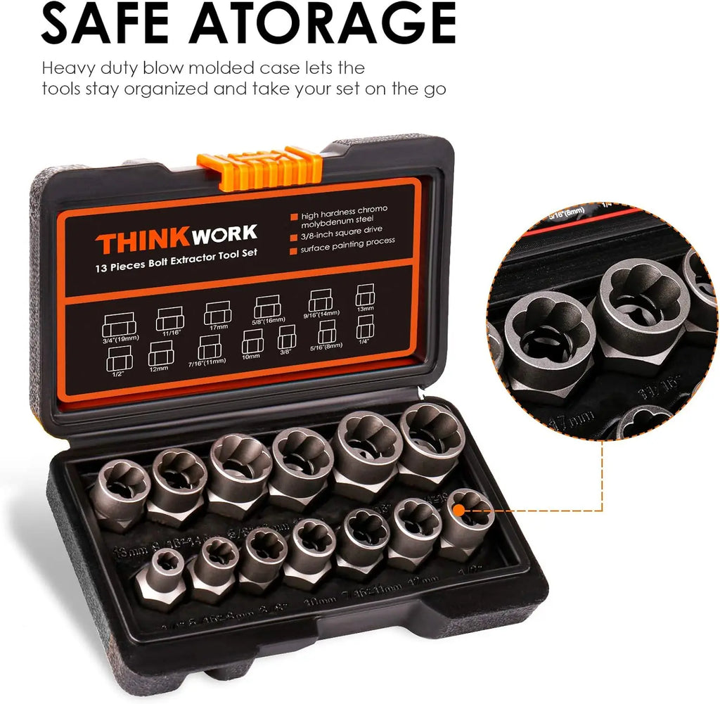 14Pcs Impact Bolt and Nut Extractor Tool Set Damaged Stripped Lug Remover Universal Socket Wrench Kit for Removing Rounded Frozen Fasteners Heavy Duty Hand Tools