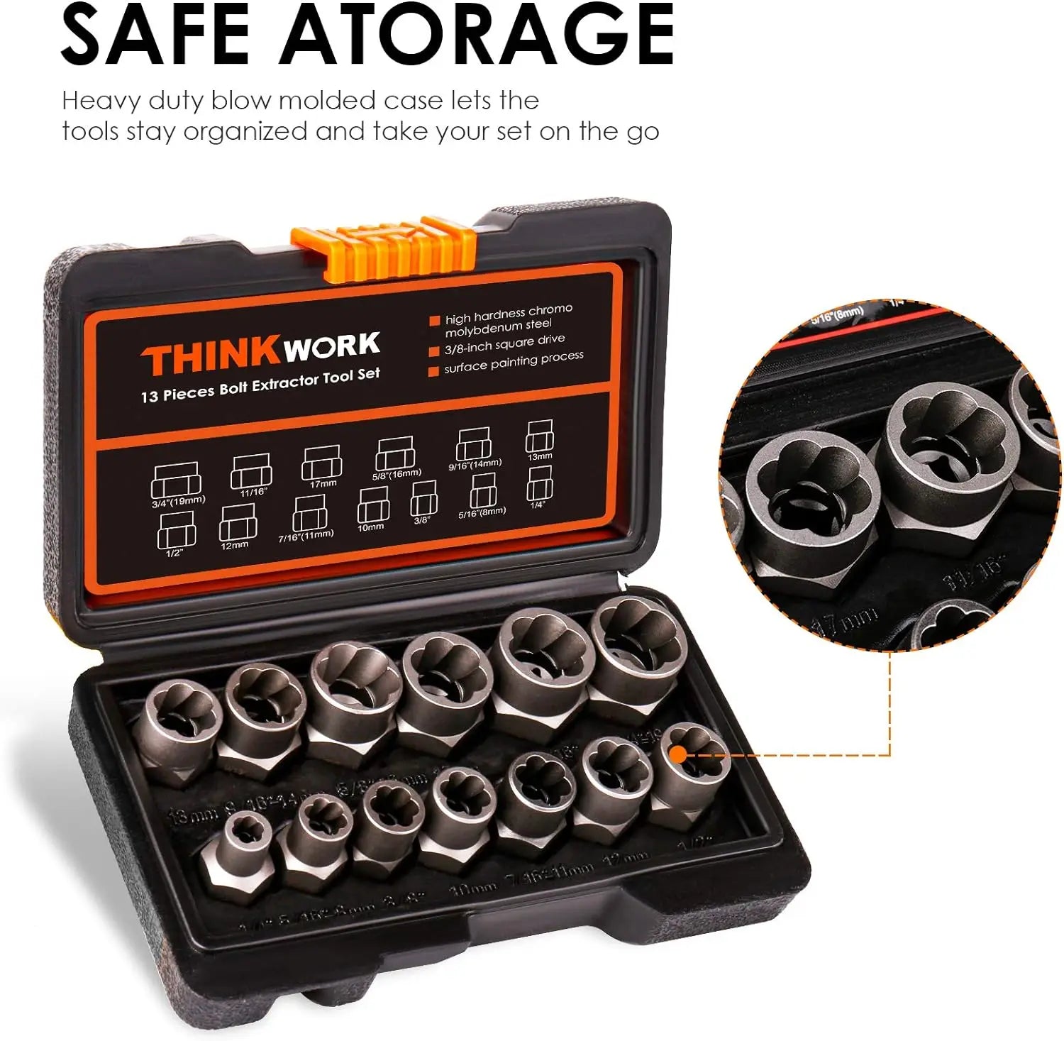 14Pcs Impact Bolt and Nut Extractor Tool Set Damaged Stripped Lug Remover Universal Socket Wrench Kit for Removing Rounded Frozen Fasteners Heavy Duty Hand Tools