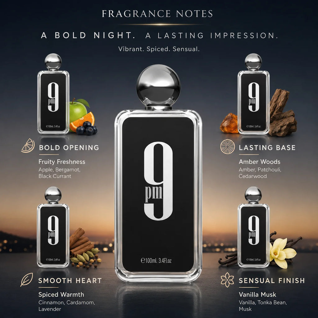Afnan 9 PM Men Eau De Parfum Transparent Square Bottle Silver Round Cap Luxury Arabian Woody Scent Long Lasting Fragrance 100ml Mens Cologne Perfume Gift Set For Male