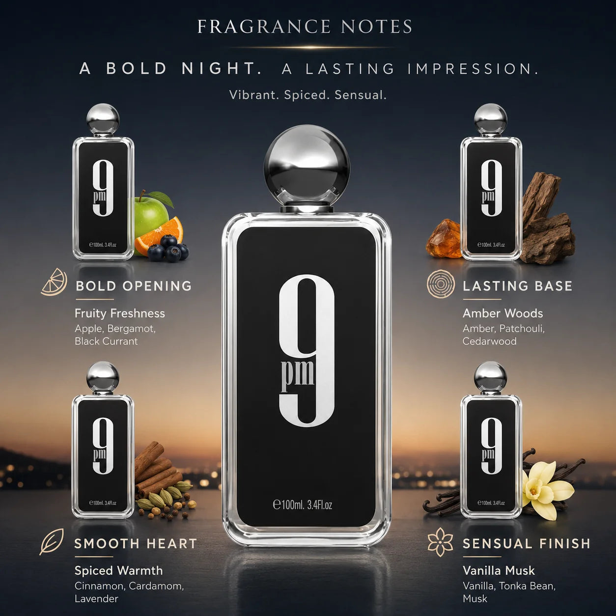 Afnan 9 PM Men Eau De Parfum Transparent Square Bottle Silver Round Cap Luxury Arabian Woody Scent Long Lasting Fragrance 100ml Mens Cologne Perfume Gift Set For Male