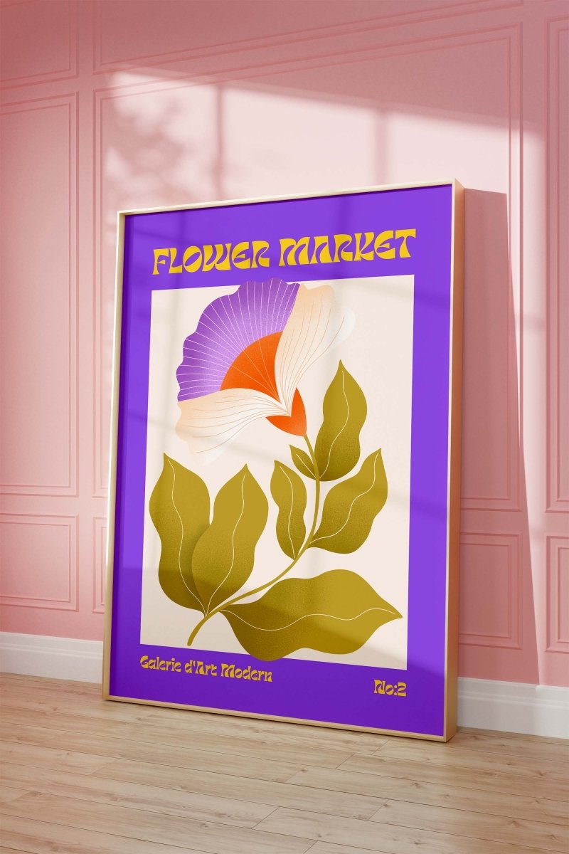 Flower Market Poster · Lila Retro Blume · Mid Century Moderne Illustration · Print ohne Rahmen