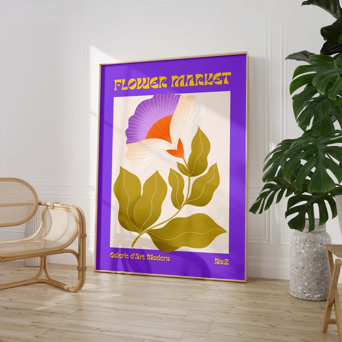 Flower Market Poster · Lila Retro Blume · Mid Century Moderne Illustration · Print ohne Rahmen