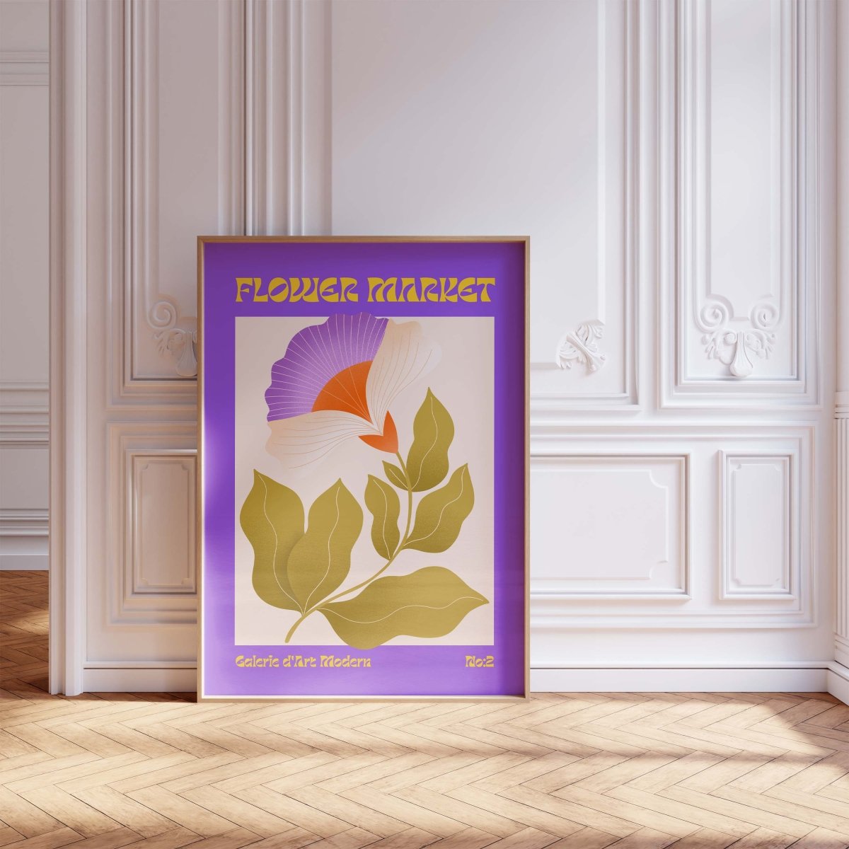 Flower Market Poster · Lila Retro Blume · Mid Century Moderne Illustration · Print ohne Rahmen