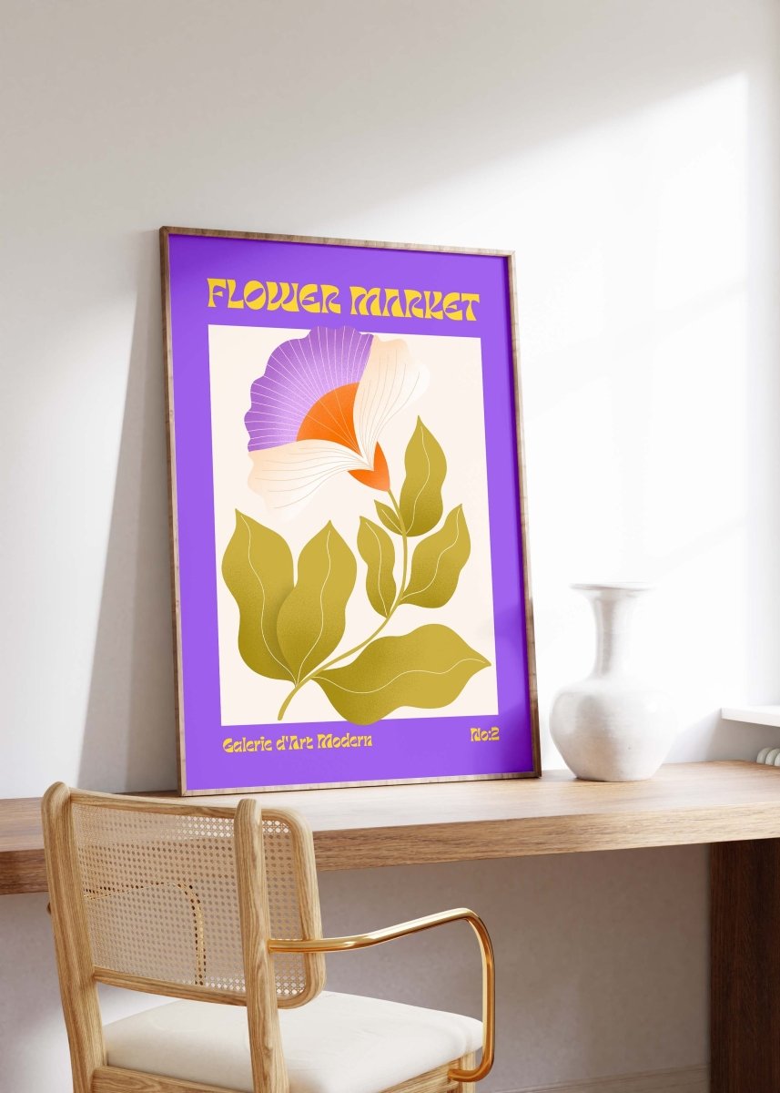 Flower Market Poster · Lila Retro Blume · Mid Century Moderne Illustration · Print ohne Rahmen