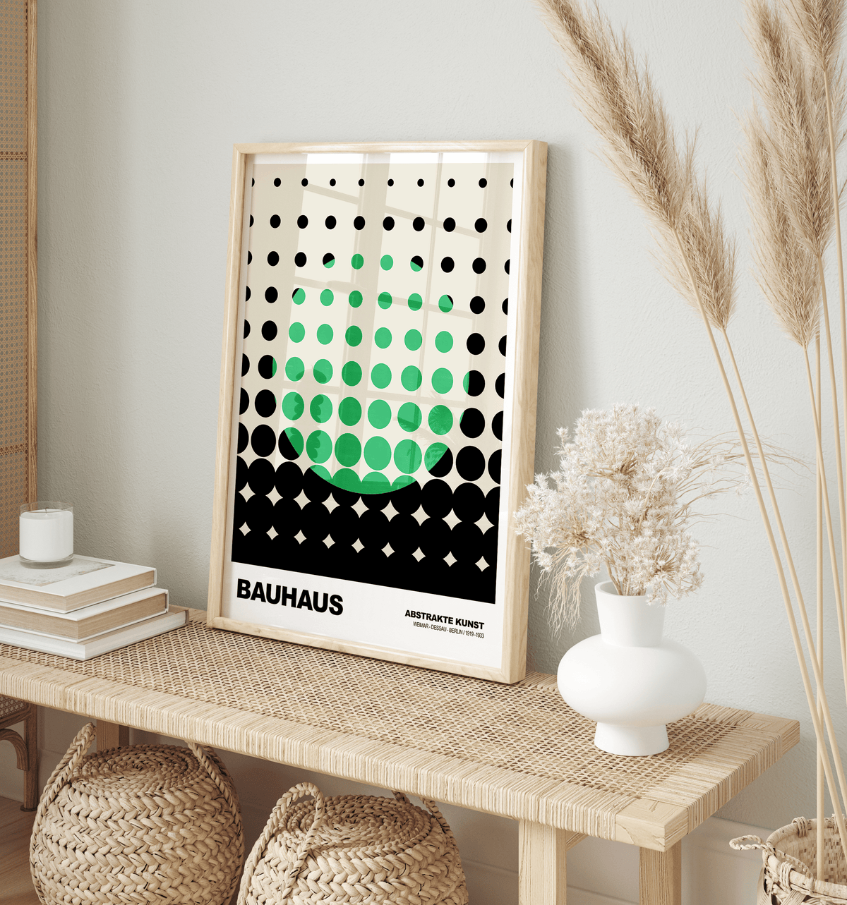 Poster Bauhaus Punkte · Grünes Raster Design auf Beige · Abstrakte Geometrie Wandkunst · Retro Modern Art Deko Print ohne Rahmen