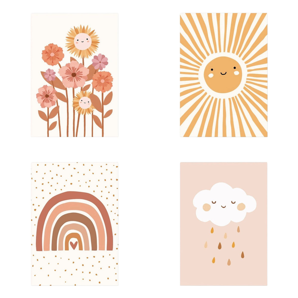 Poster Kinderzimmer Bilder Sonnenstrahlen Blumen Regenbogen und Regen Wolk als Deko Print ohne Rahmen