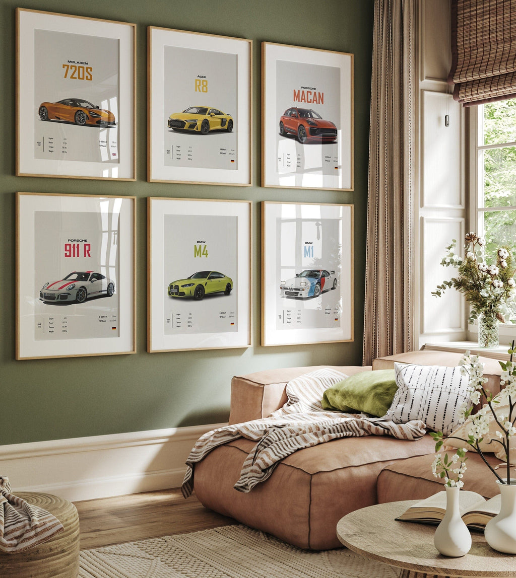 Poster Sportwagen AUDI BMW PORSCHE Mclaren Klassiker Legenden · Geschenk für ihn · Wohnzimmmer & Büro · Wand Deko · Print ohne Rahmen