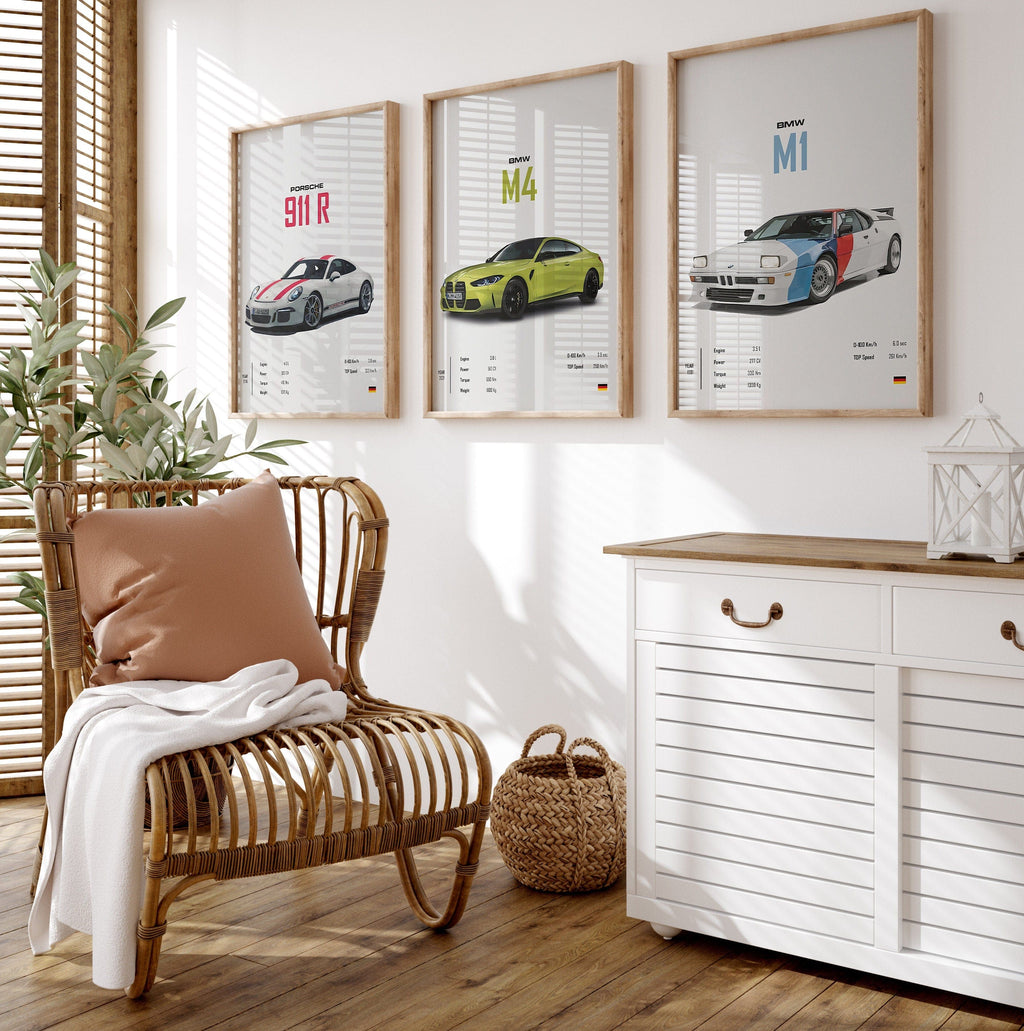 Poster Sportwagen AUDI BMW PORSCHE Mclaren Klassiker Legenden · Geschenk für ihn · Wohnzimmmer & Büro · Wand Deko · Print ohne Rahmen