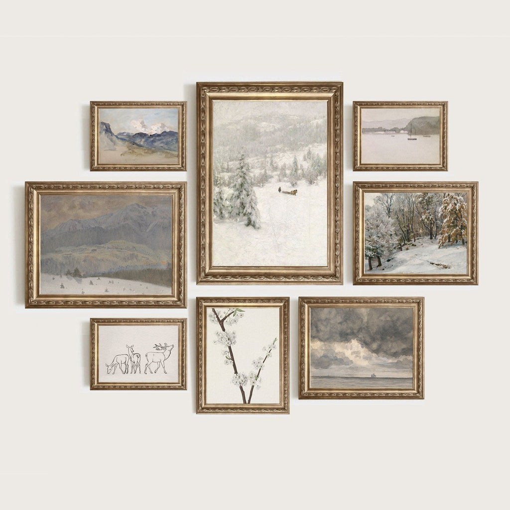 Poster Vintage Galerie Wand Kunst  Landschaft Schnee Berge und Wälder Natur als Deko Print ohne Rahmen