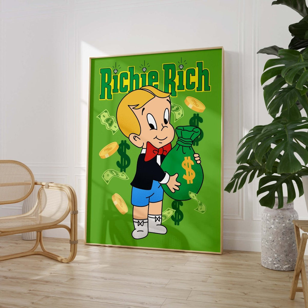 Richie Rich Cartoon Figur Poster  · Geld & Dollar Illustration · Retro Pop Art Stil · Print ohne Rahmen