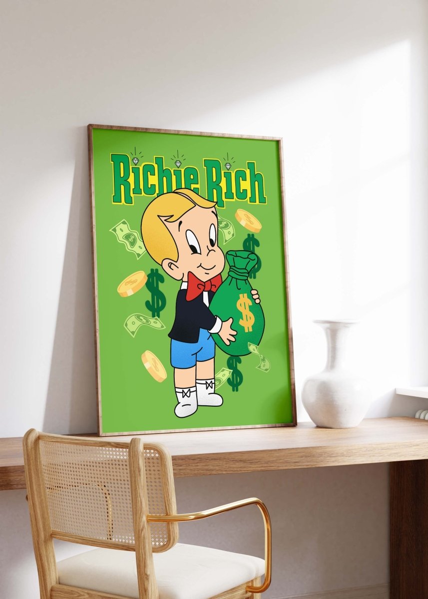 Richie Rich Cartoon Figur Poster  · Geld & Dollar Illustration · Retro Pop Art Stil · Print ohne Rahmen